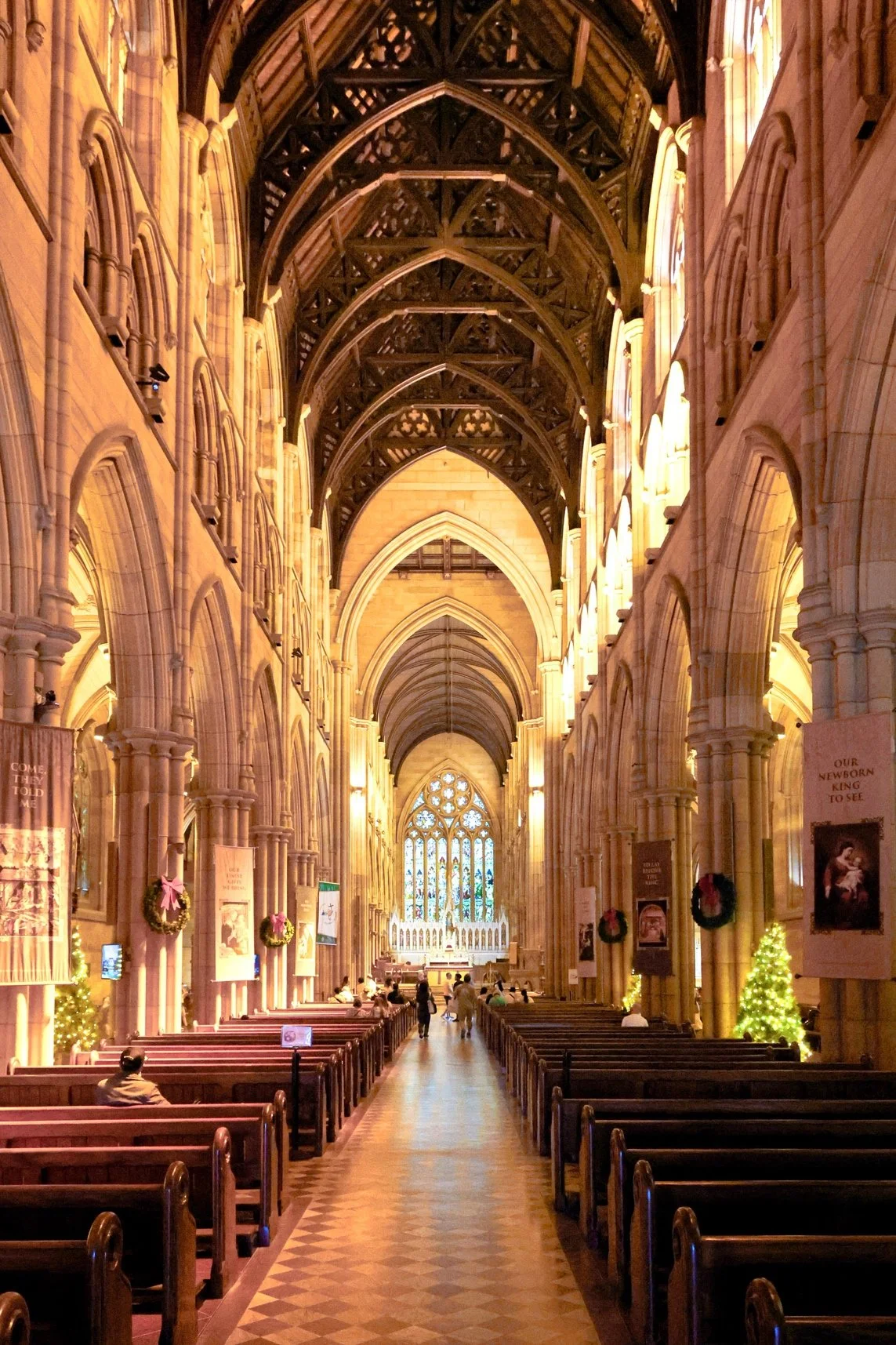 Interior of a large church or cathedral decorated for Christmas, with wooden pews, Christmas wreaths, small Christmas trees, and banners along the walls.