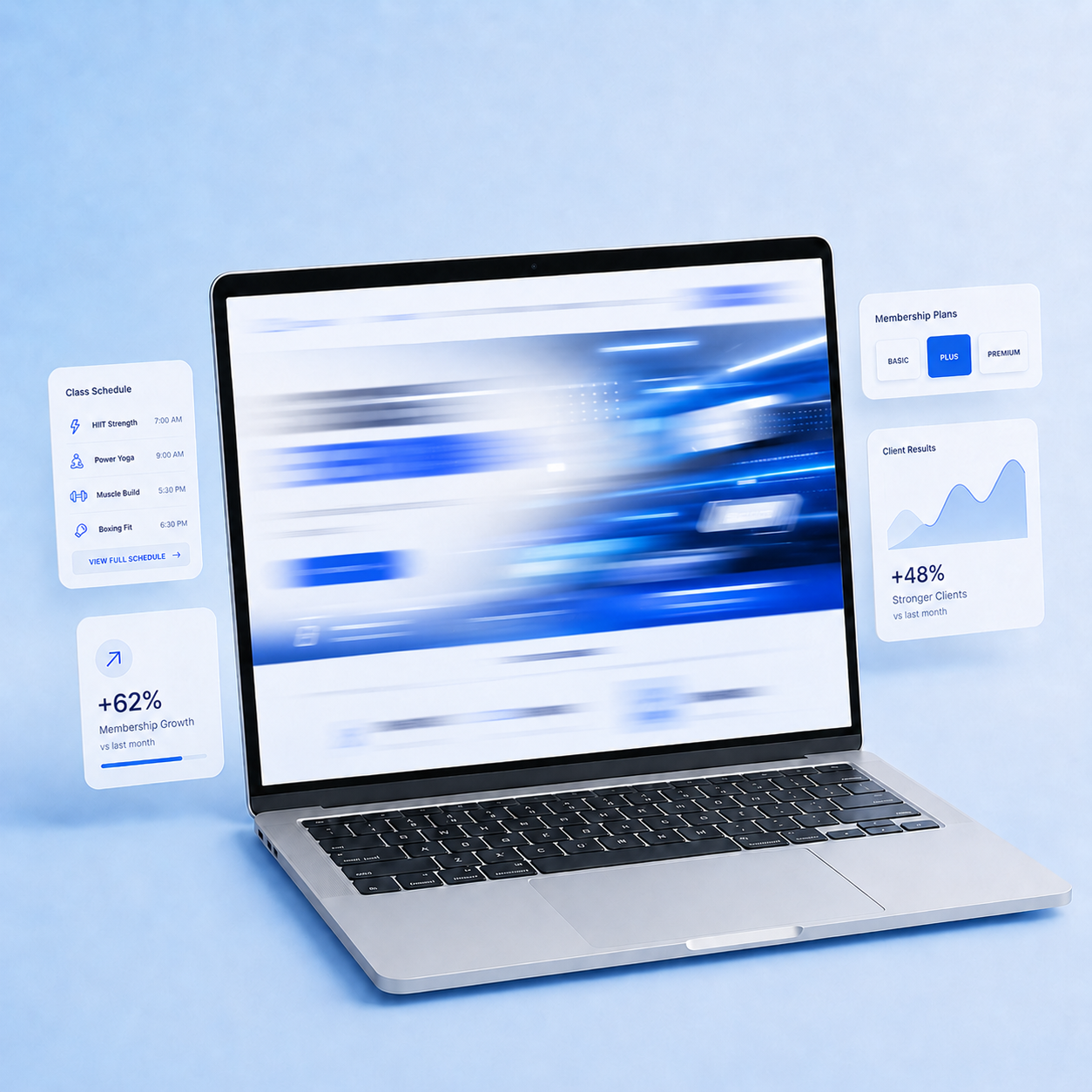 A silver MacBook laptop with a blue blurred screen displaying digital data overlays and analytics floating around it, on a light blue background.