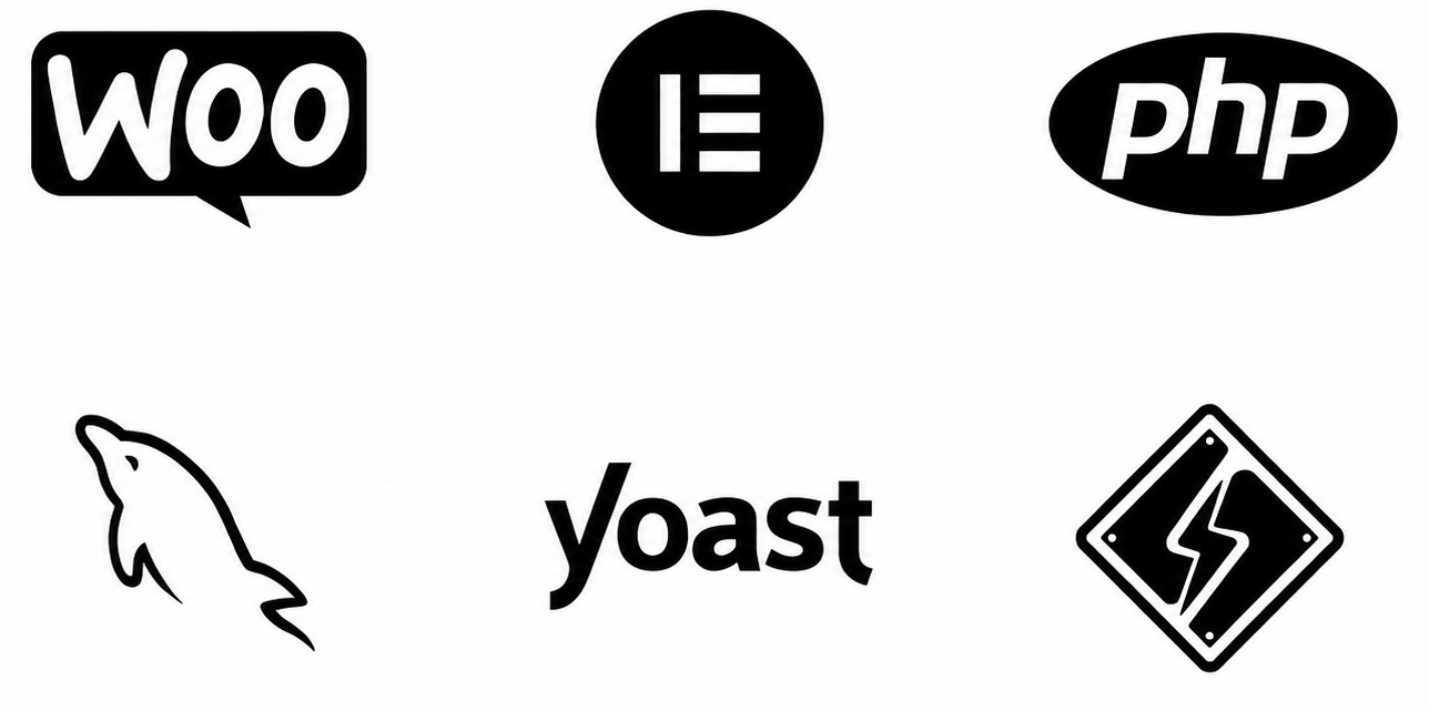 Popular WordPress technologies including WooCommerce, Elementor, PHP, MySQL, Yoast SEO and LiteSpeed Cache