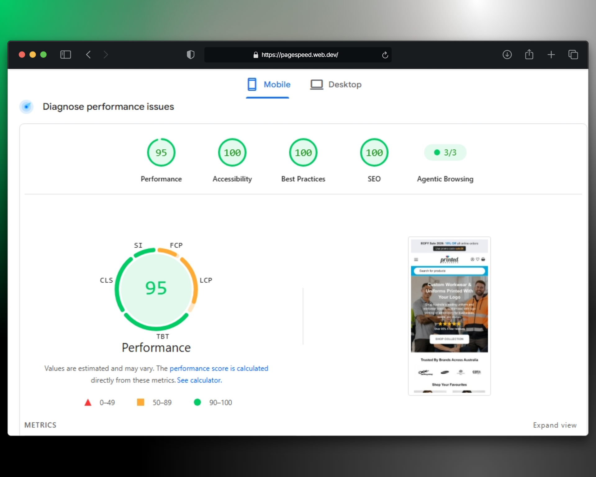 Google PageSpeed Insights screenshots show the following lab results