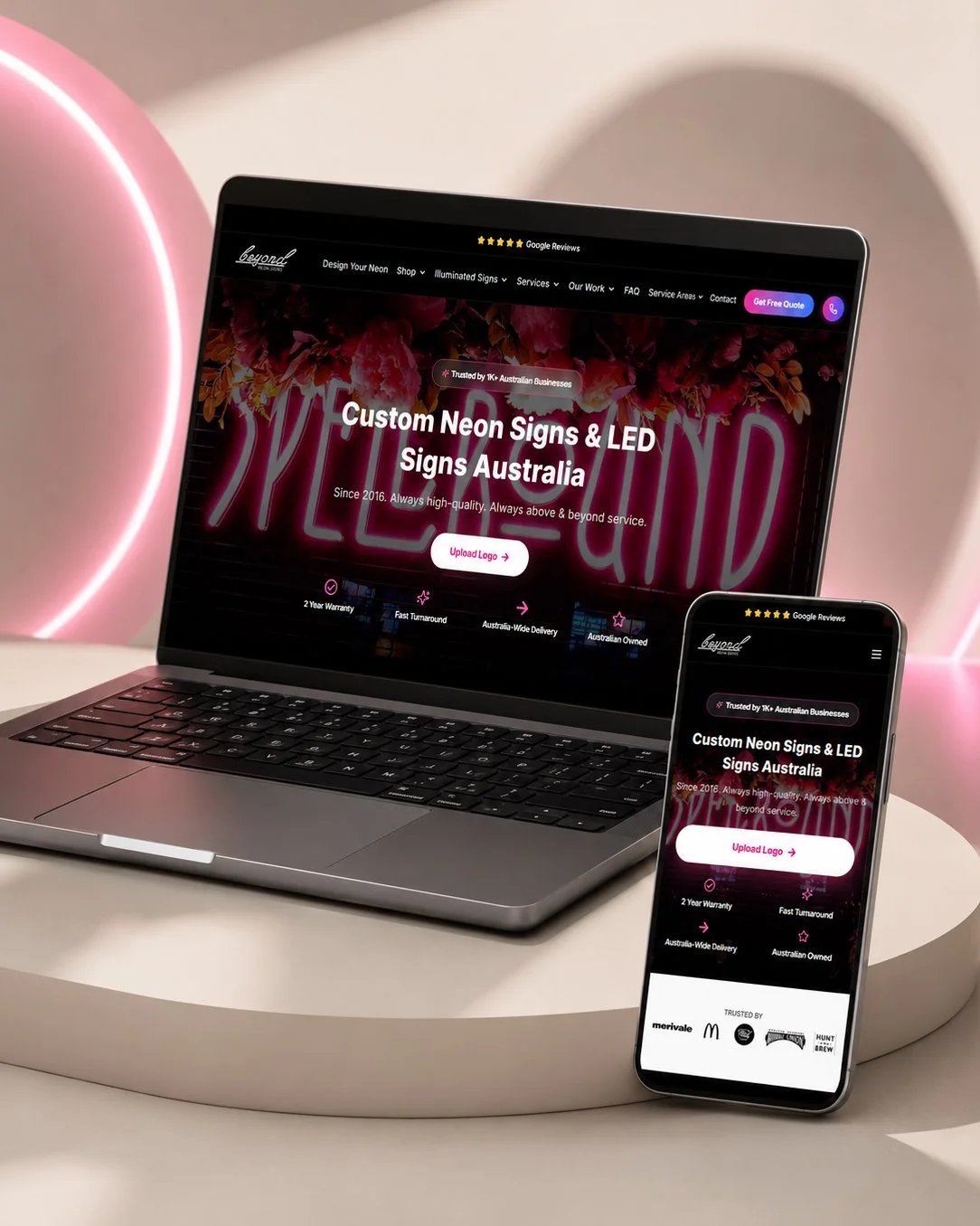 Beyond Neon Signs custom neon signs website design on laptop and mobile devices