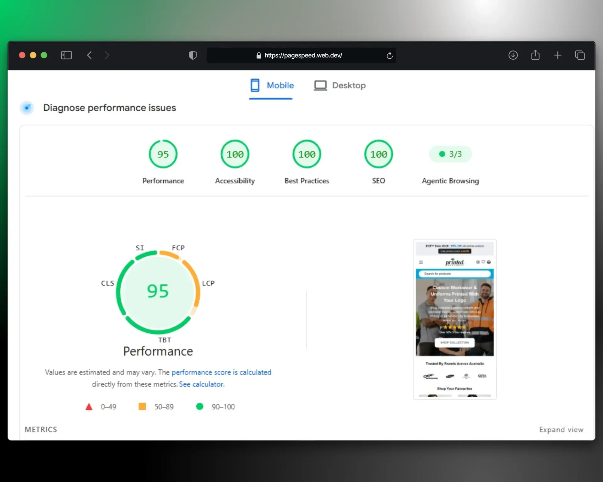 Google PageSpeed Insights screenshots show the following lab results