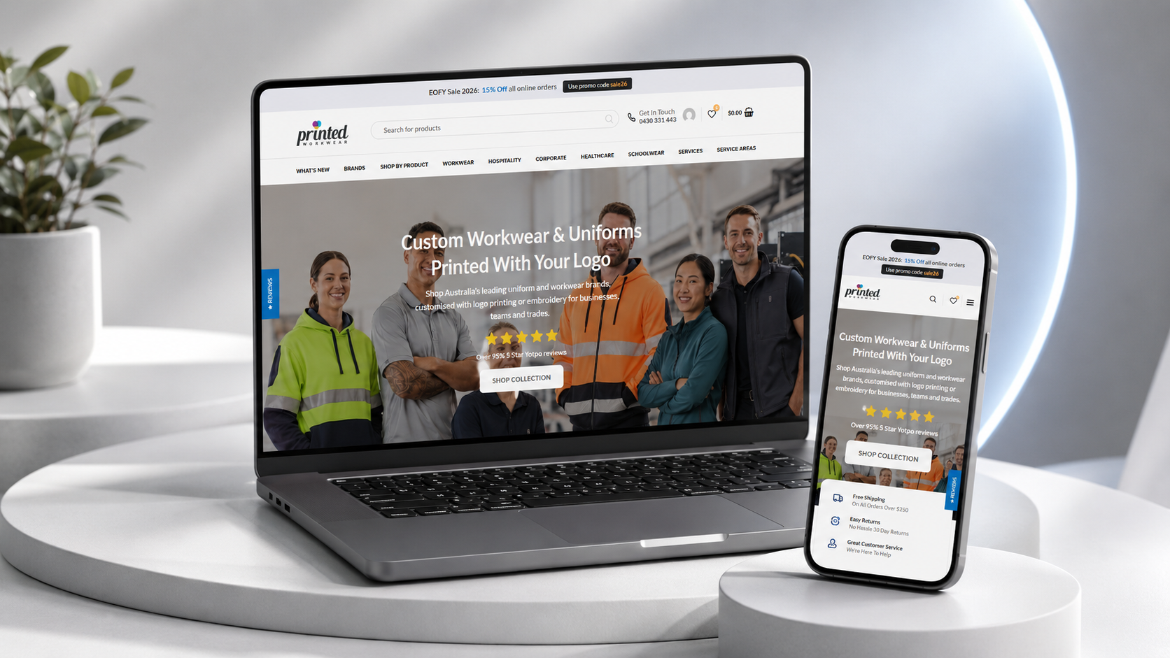 Printed Workwear website design mockup by Cloud Web Design showing desktop and mobile ecommerce website