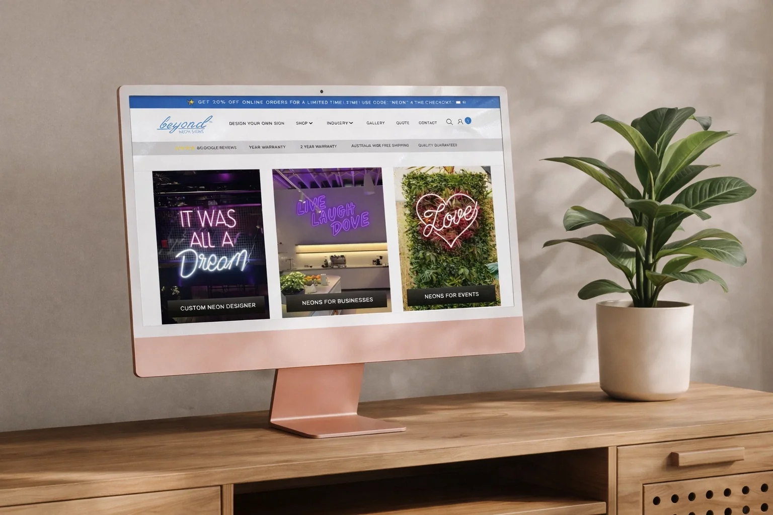 A custom eCommerce website built with WooCommerce for a Sydney-based neon sign business, featuring a bespoke neon sign builder, clear product navigation and a smooth mobile experience designed to drive enquiries and online sales.