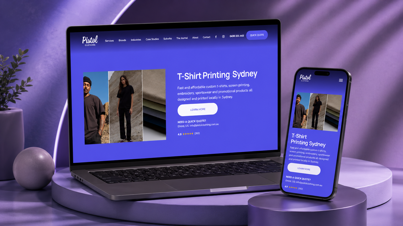 Pistol Clothing website design mockup by Cloud Web Design showing desktop and mobile T-shirt printing website