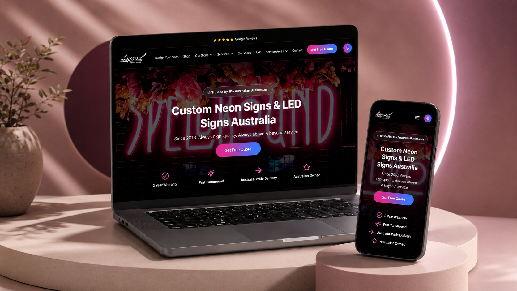 Beyond Neon Signs custom neon website design project by Cloud Web Design Sydney