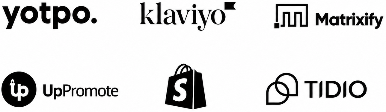 Shopify web design tools and integrations used by Cloud Web Design including Yotpo, Klaviyo, Matrixify, UpPromote, Shopify and Tidio