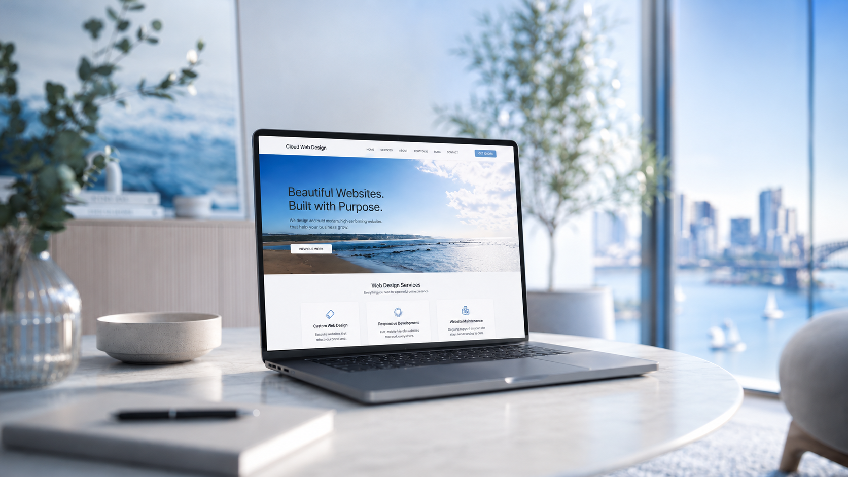 Laptop showing Cloud Web Design Sydney website for web design enquiries in Sydney CBD