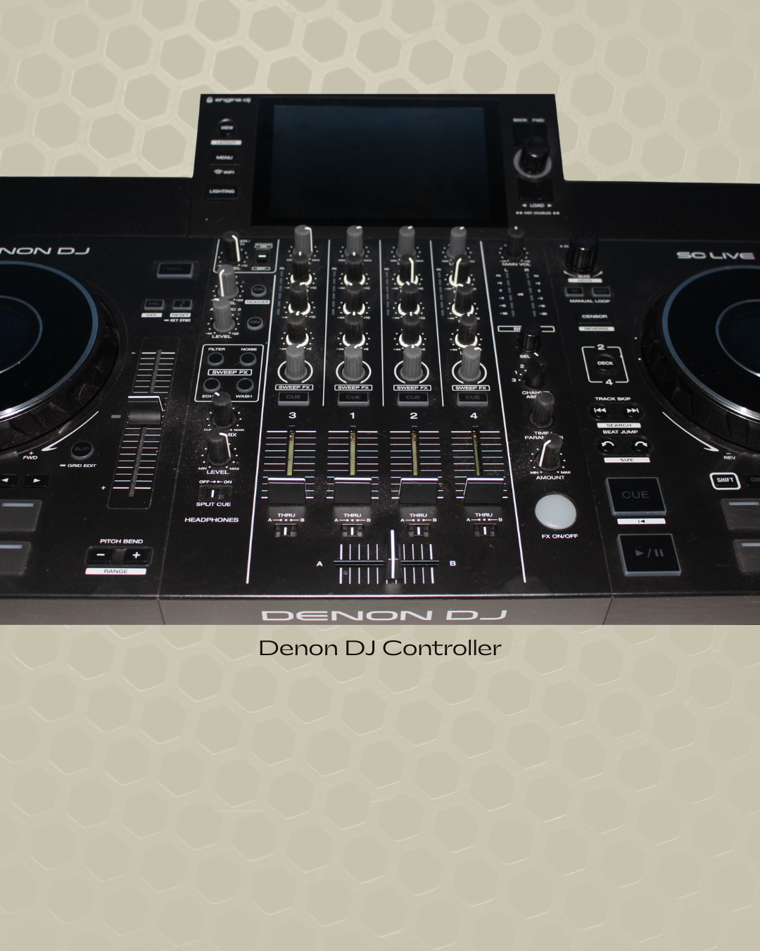 A Denon DJ Controller with multiple knobs, sliders, and buttons, placed on a patterned surface.