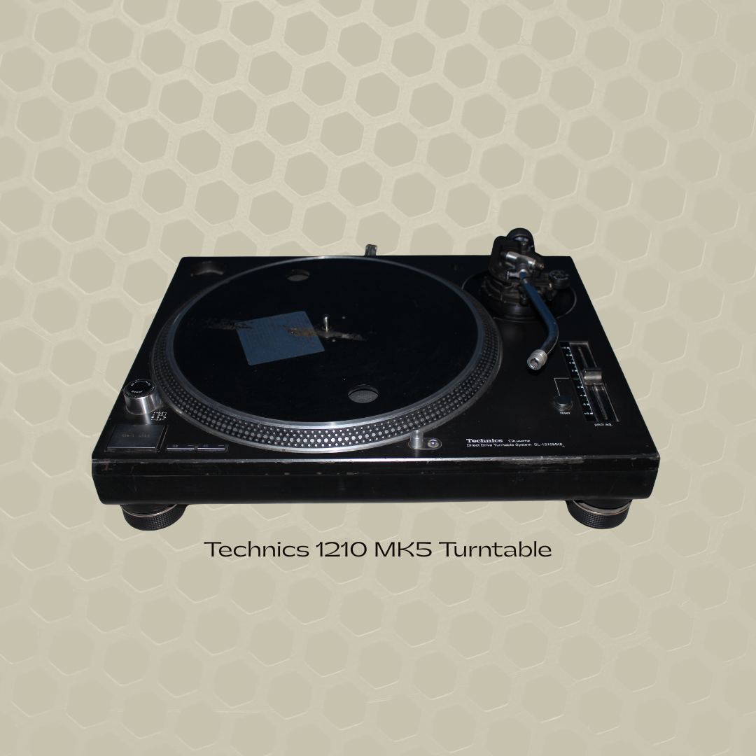 A black Technics 1210 MK5 turntable with a tonearm and platter, set against a beige honeycomb-patterned background, with the caption reading 'Technics 1210 MK5 Turntable'.