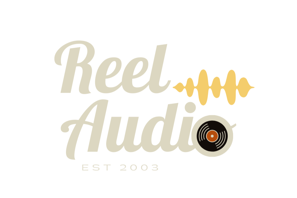 Logo for Reel Audio with the text "Reel Audio" and "EST 2003." The design includes a waveform and a vinyl record incorporated into the lettering.