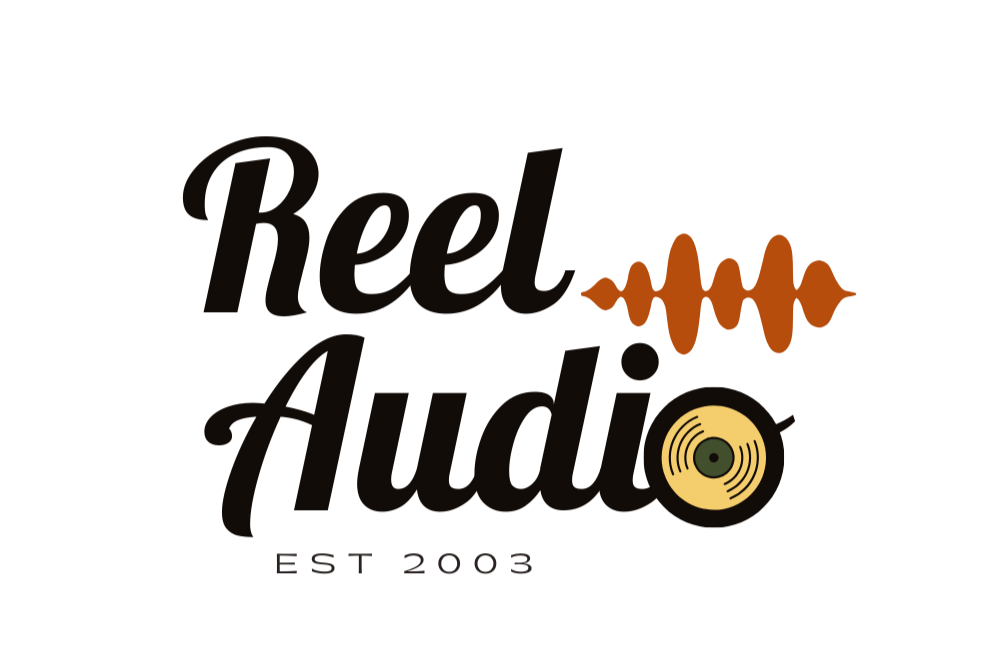 Reel Audio logo with a waveform, a vinyl record, and stylized text, established in 2003.