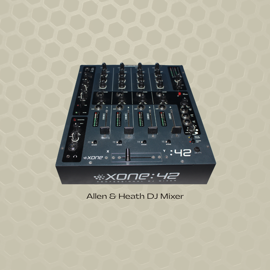 Allen & Heath DJ mixer with multiple knobs, sliders, and input/output ports.