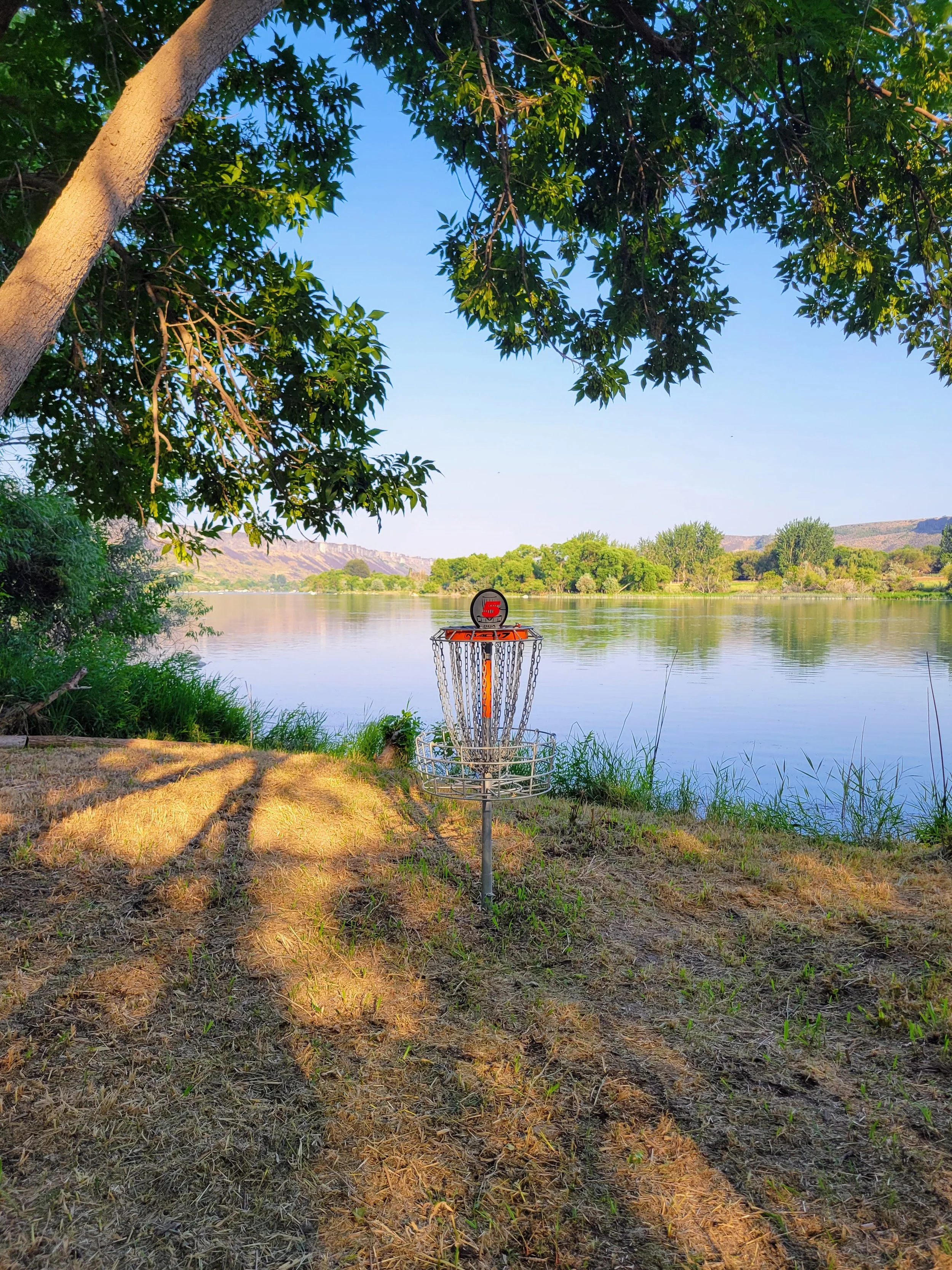A peaceful lakeside scene with a disc golf basket in the foreground, surrounded by grass and trees, with calm water and hills in the background under a clear blue sky.