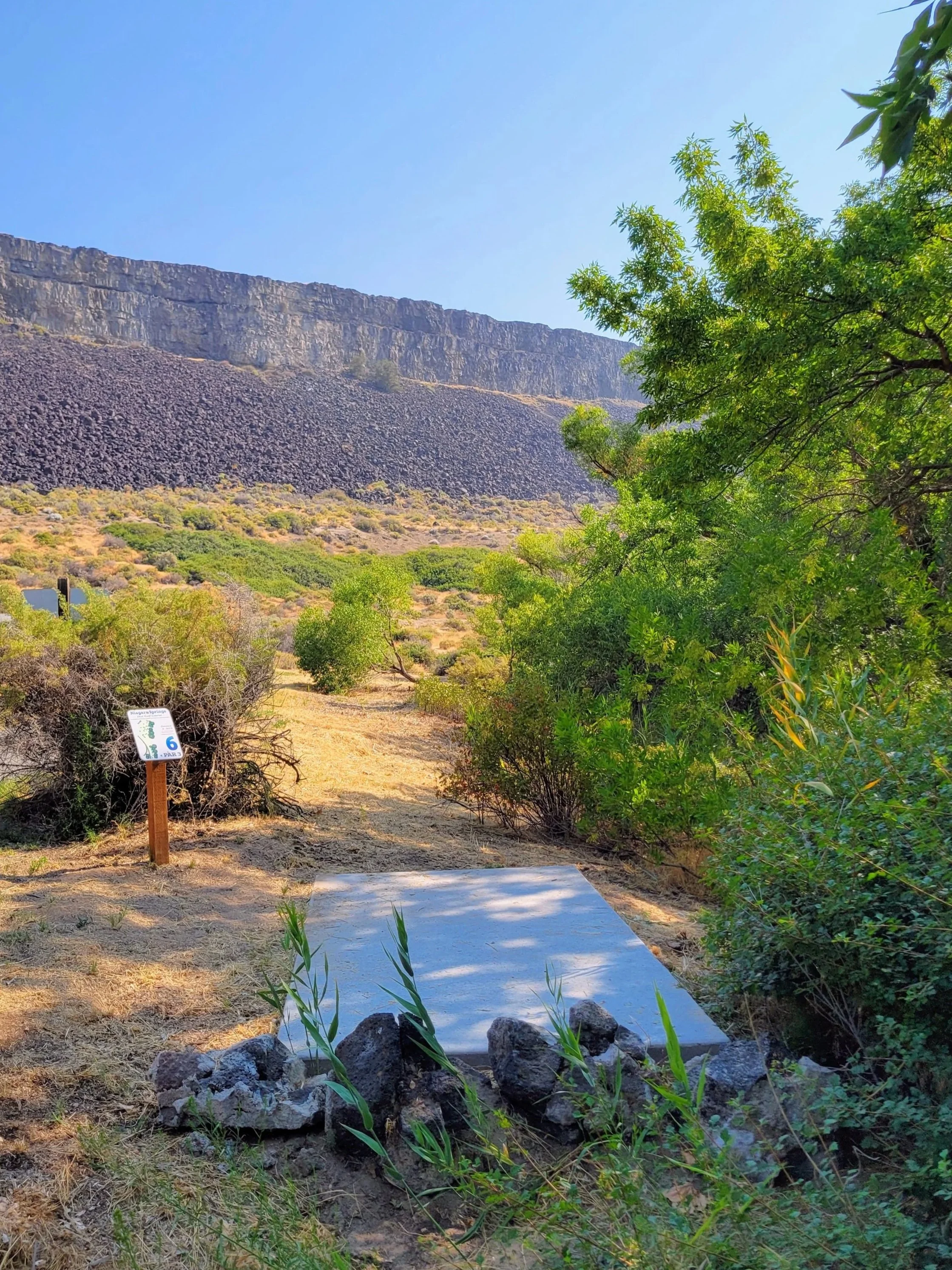 Disc golf course with a sign indicating hole 6, surrounded by green trees and bushes, with a rocky hillside in the background under a clear blue sky.