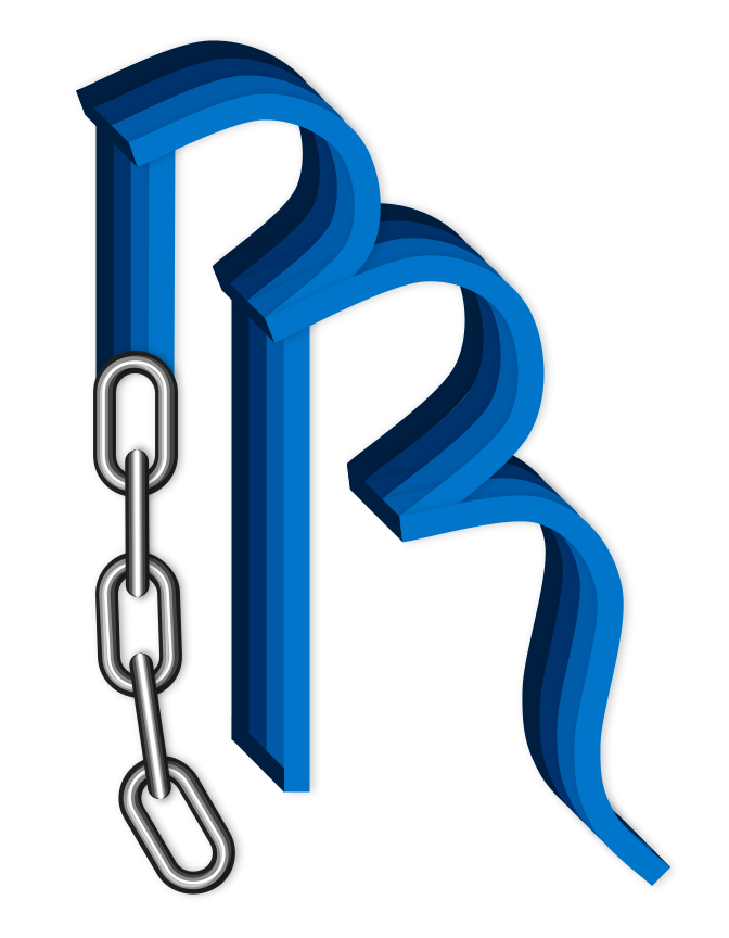 3D blue letter 'R' with a metal chain attached to its left side, set against a black background.