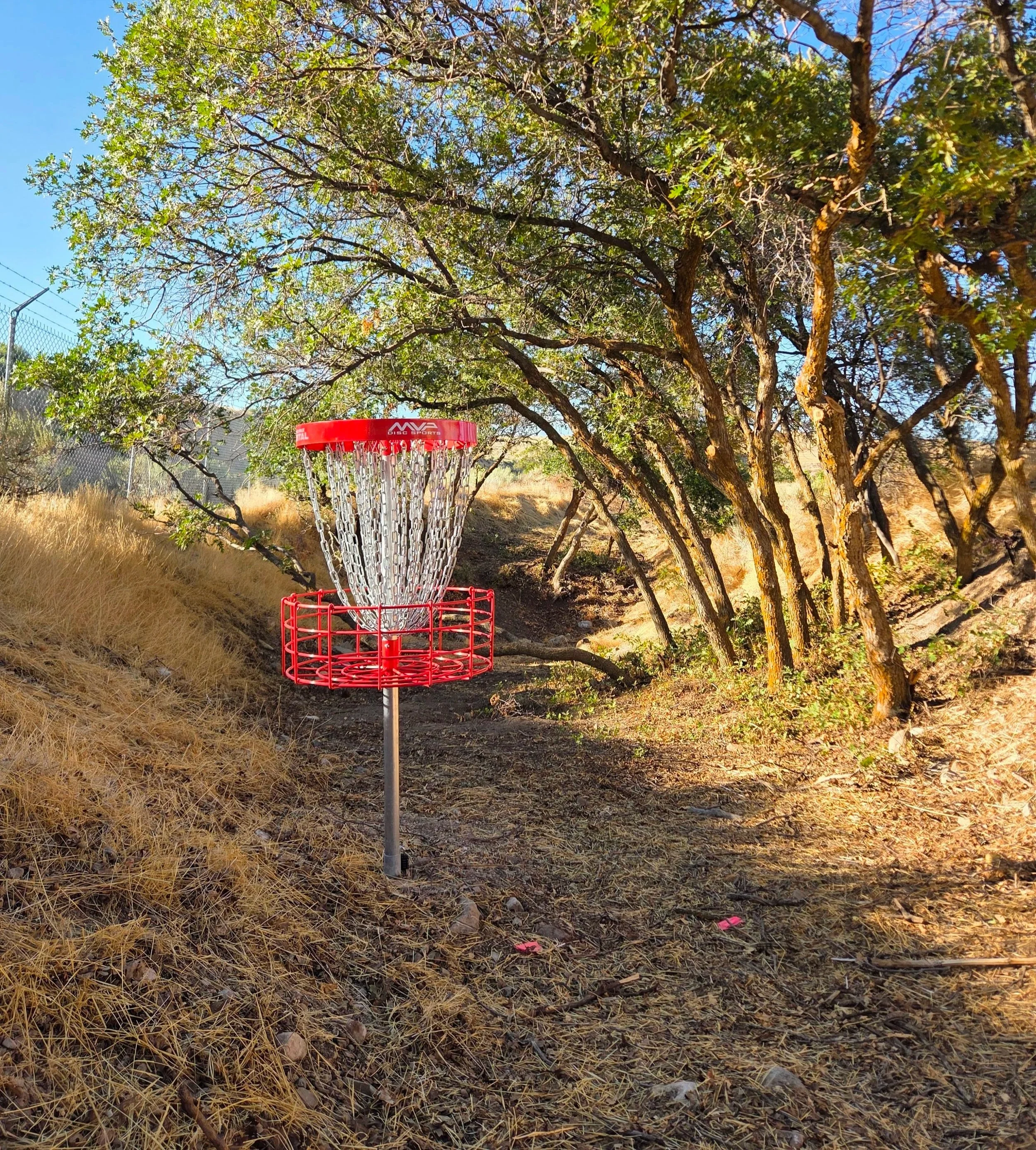 A disc golf basket with chains and a red top in a dry, grassy area surrounded by trees with green leaves, under a clear blue sky.