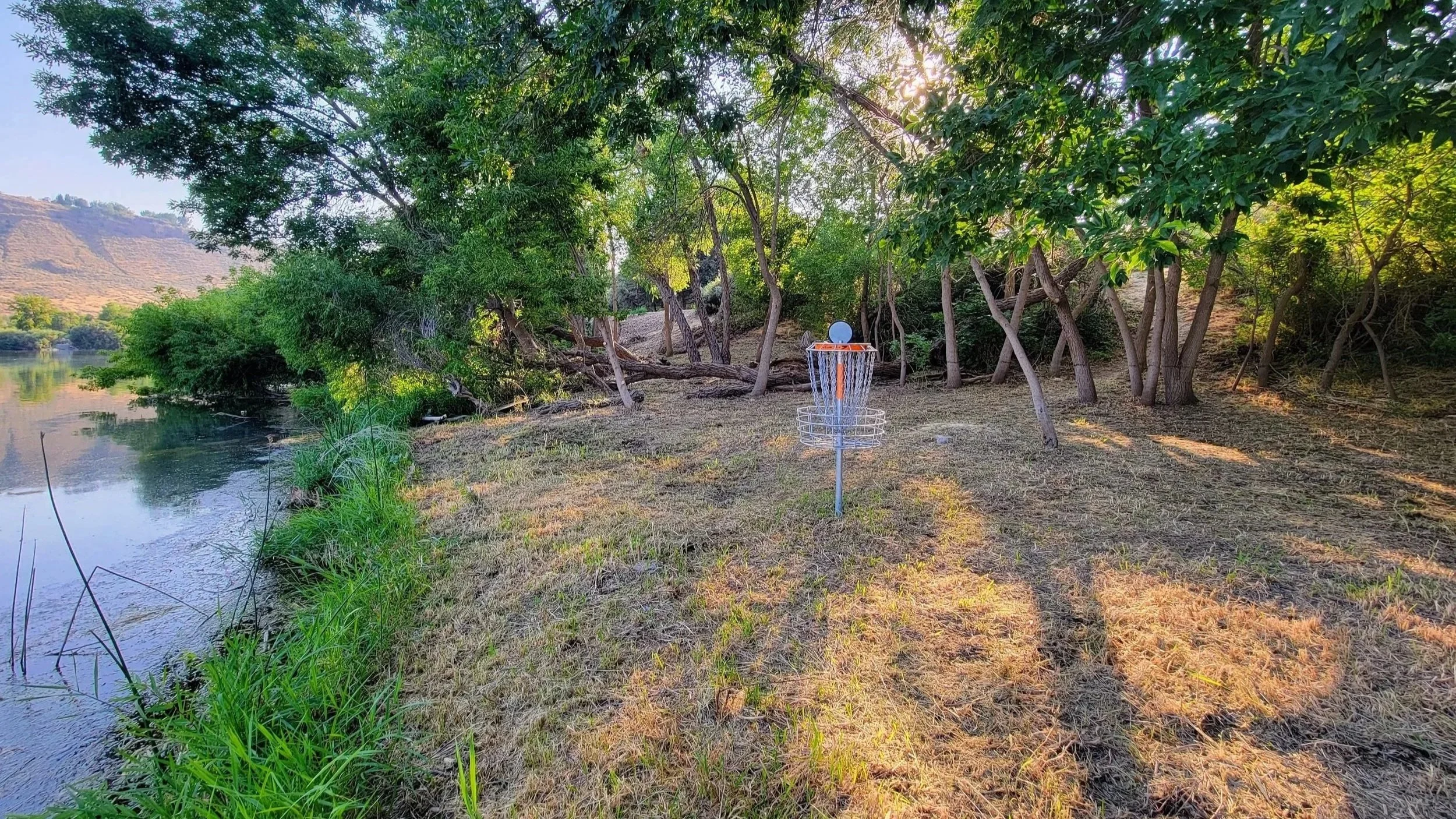 A disc golf basket beside a river, surrounded by trees and hills, with sunlight filtering through the leaves.