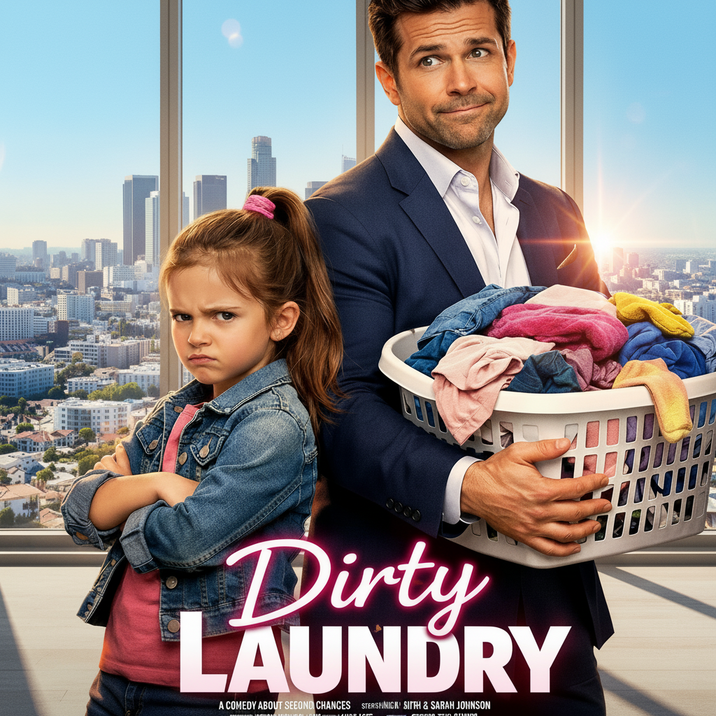 A man in a suit holding a laundry basket filled with colorful clothes, standing with a serious expression next to a girl with crossed arms and an angry face in front of a city skyline with tall buildings and a sunset.