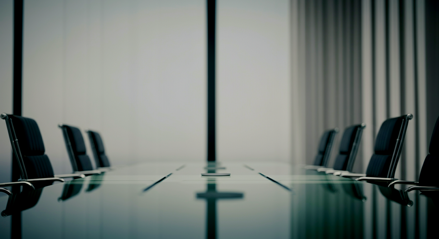 Sala de juntas con mesa larga y sillas negras en ambos lados.