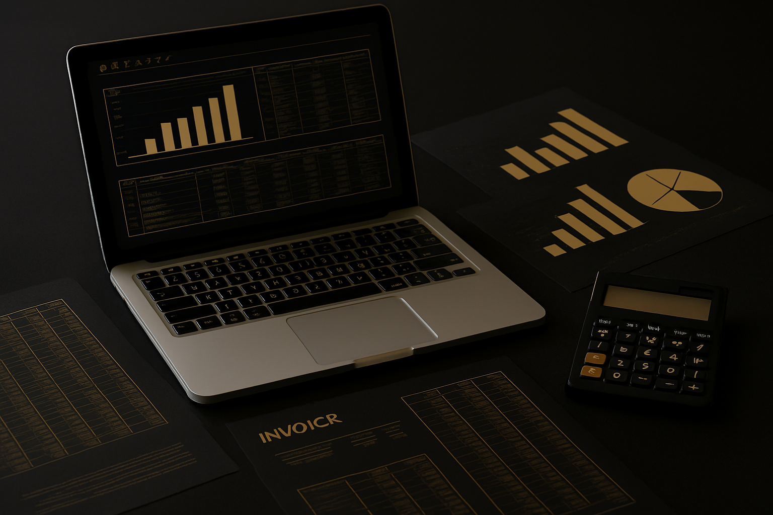 Computadora portátil con gráficos y datos financieros en su pantalla, junto a hojas con gráficos, tablas y un calculador en una mesa oscura.