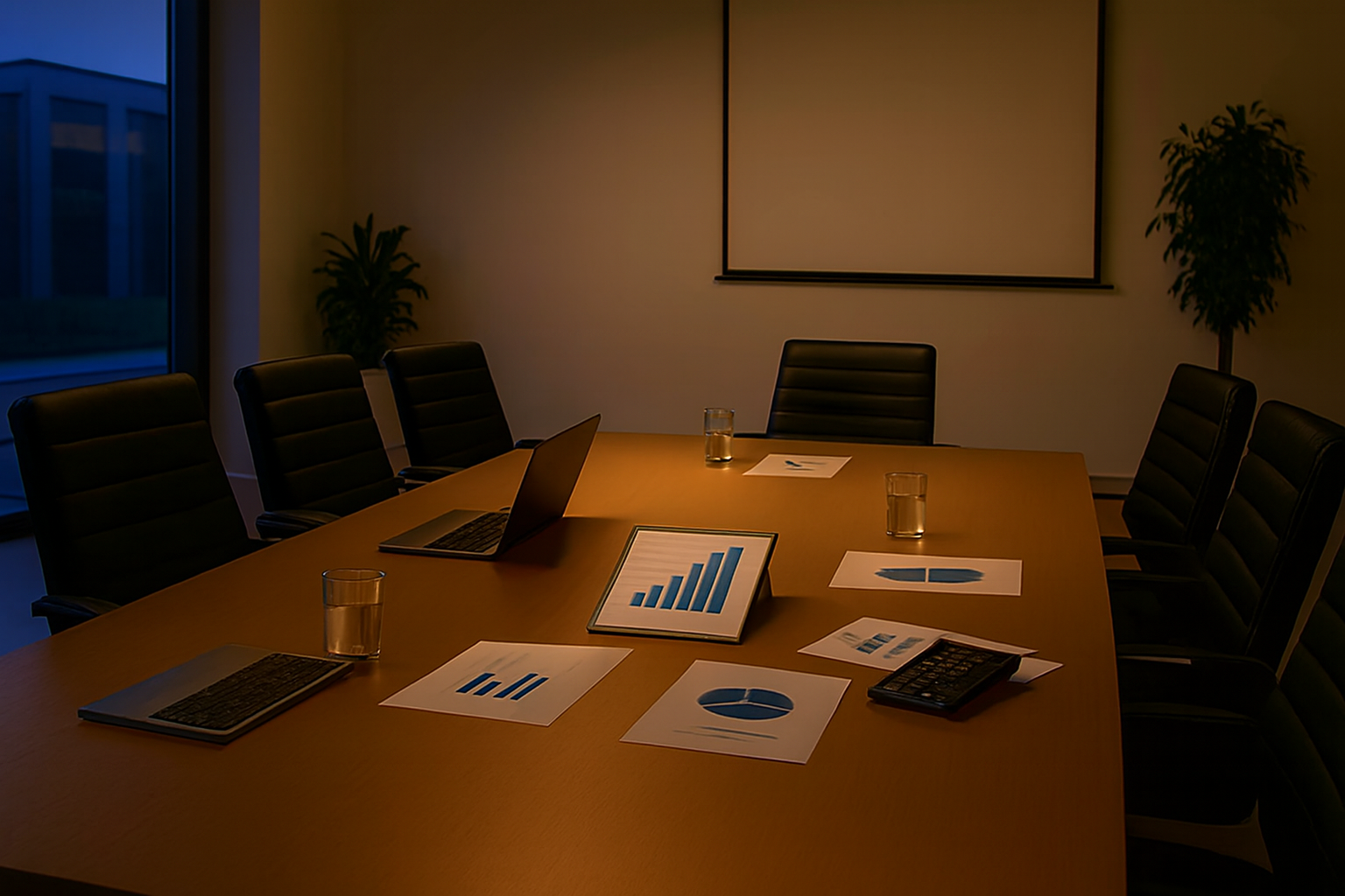 Sala de reuniones con mesa de madera, sillas negras, laptops, documentos con gráficos y vasos con agua.