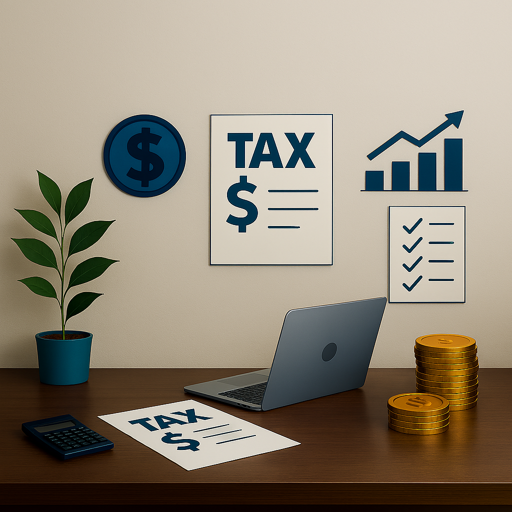 Mesa de oficina con computadora portátil, papel con la palabra "TAX" y símbolo de dólar, calculadora, pilas de monedas de dólar, planta en maceta, y carteles en la pared que indican impuestos, crecimiento y lista de verificación.