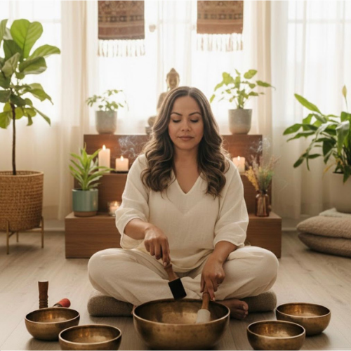 A woman practicing sound therapy with singing bowls in a cozy, well-lit room decorated with plants and candles.