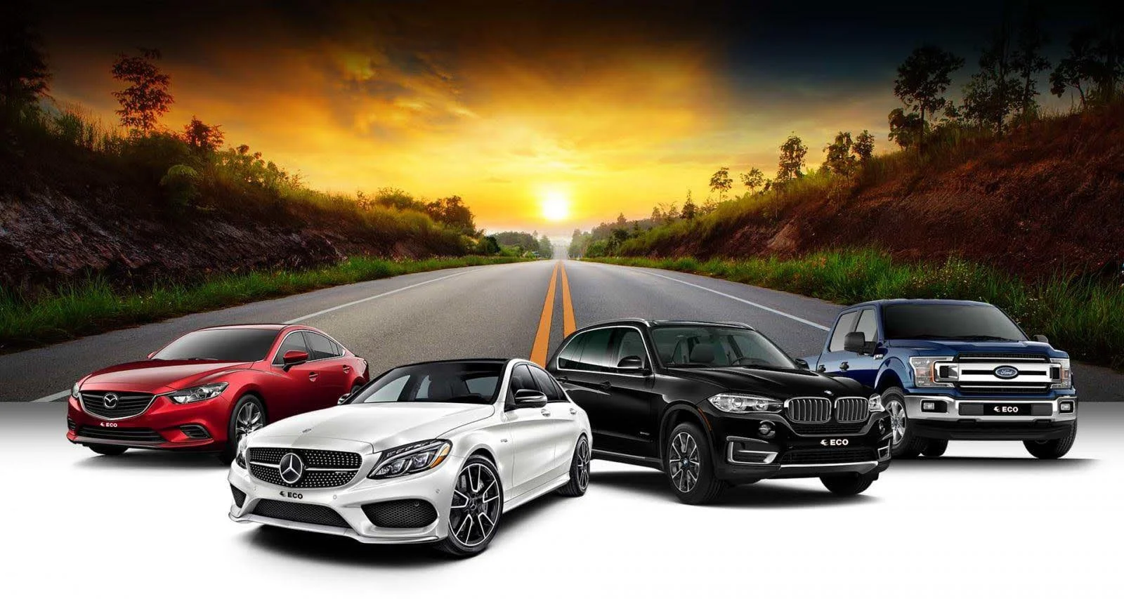 A lineup of four cars, including a red Mazda, a white Mercedes-Benz, a black BMW, and a blue Ford, is displayed against a backdrop of a road and sunset with a scenic landscape of trees and hills.