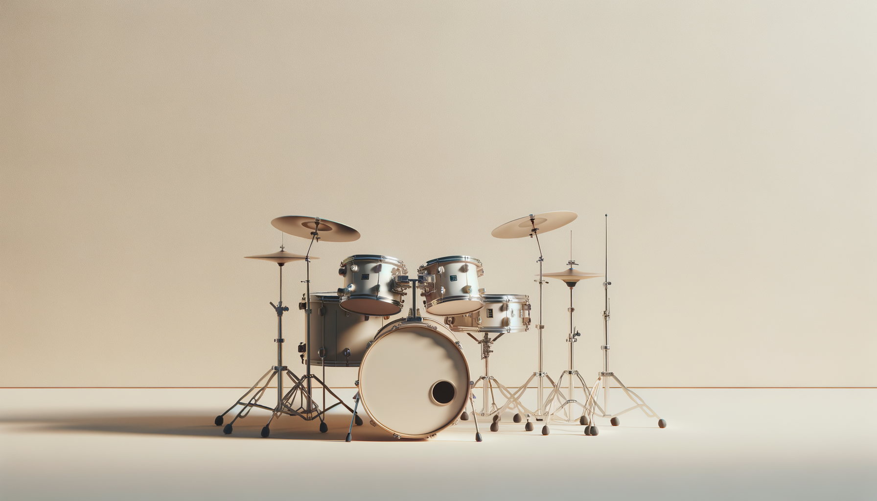 Empty drum set with multiple drums and cymbals on stands, set against a plain beige background.