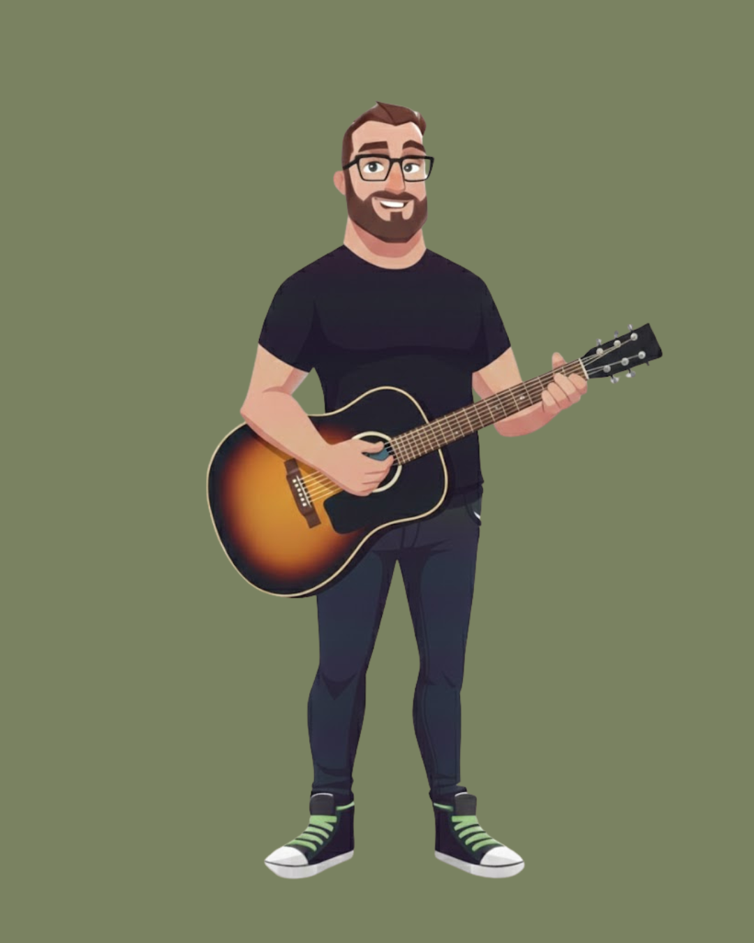 Animated man with glasses, beard, and brown hair playing an acoustic guitar against a plain green background.