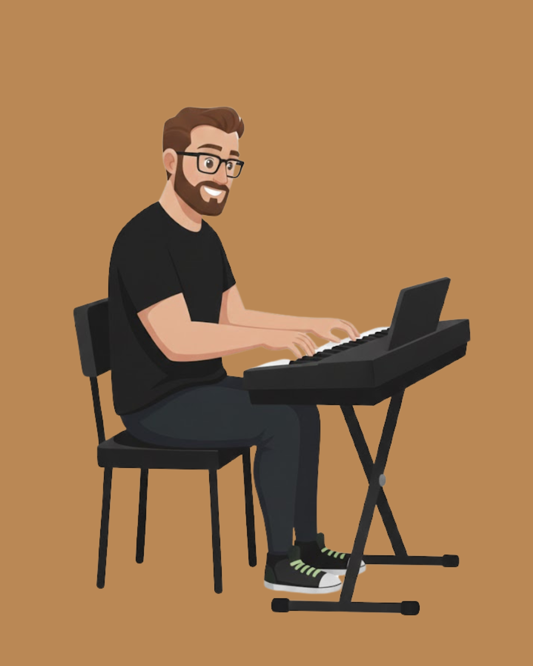 A cartoon man with glasses and a beard playing a black digital piano, seated on a black chair against a plain brown background.