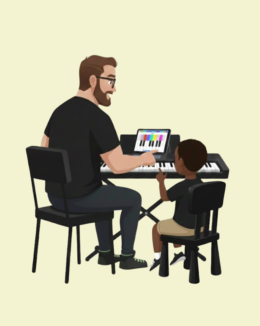 An adult male and a young boy sitting at digital pianos, with the man showing the boy a tablet screen displaying colored musical notes.