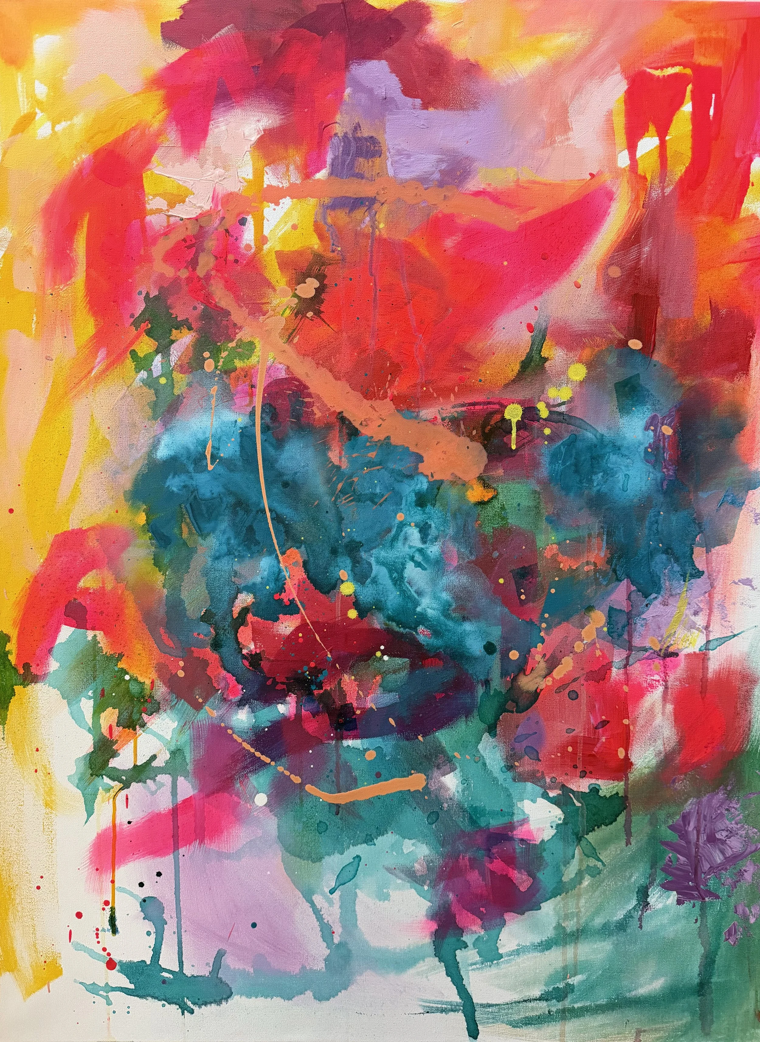 Abstract colorful painting with splashes of red, pink, yellow, blue, green, purple, and orange hues, with some drip and splash textures.