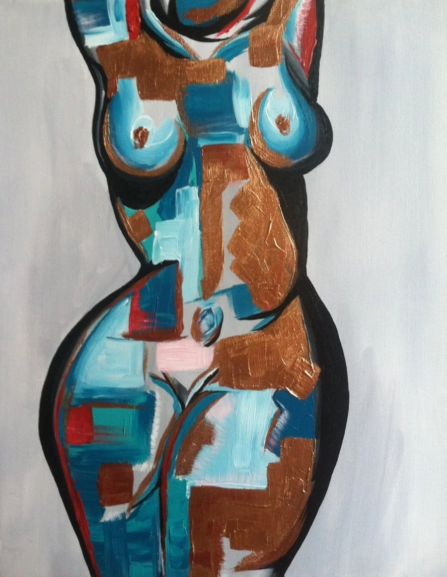 An abstract painting of a female nude figure with prominent curves, using bold brushstrokes and colors including brown, blue, black, red, and white.