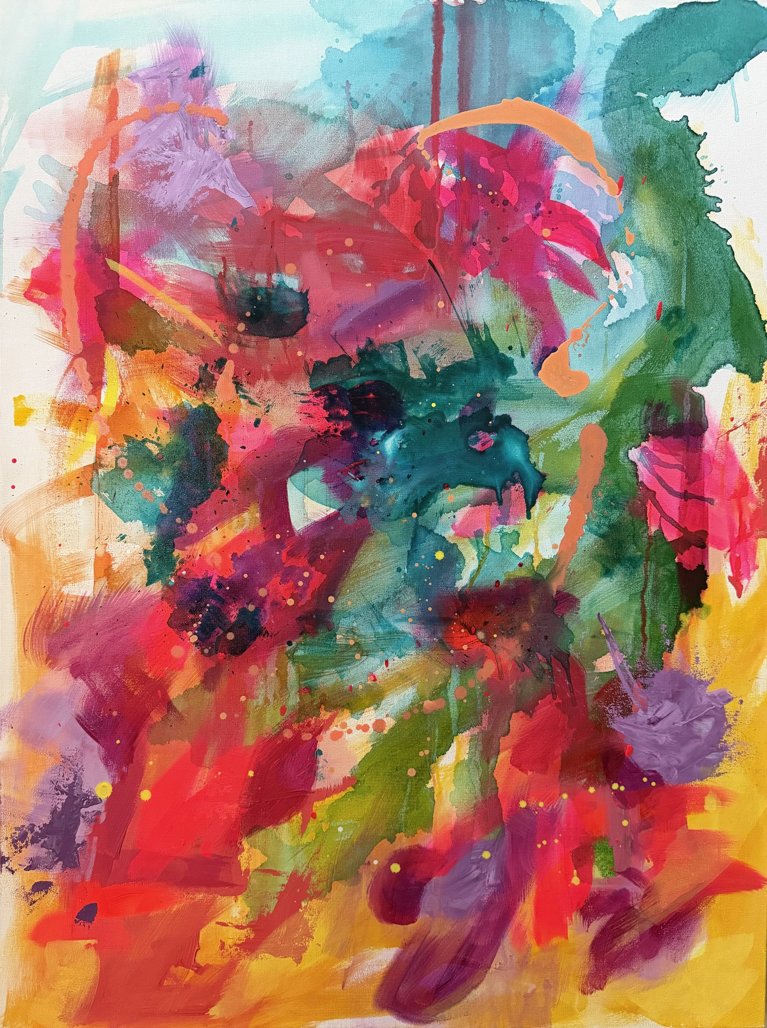Abstract colorful painting featuring splashes and strokes of pink, red, purple, green, blue, yellow, and orange with various textures and drip effects.