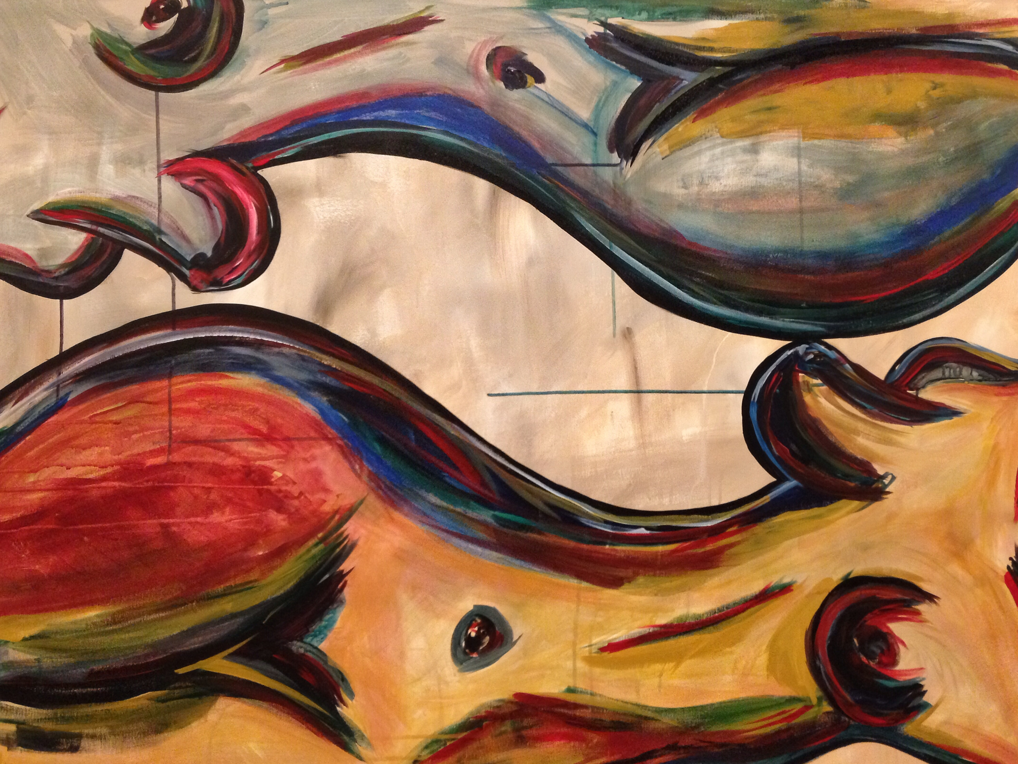 An abstract painting with swirling, curved brushstrokes in vibrant colors including red, yellow, blue, green, and black, creating dynamic shapes and patterns.