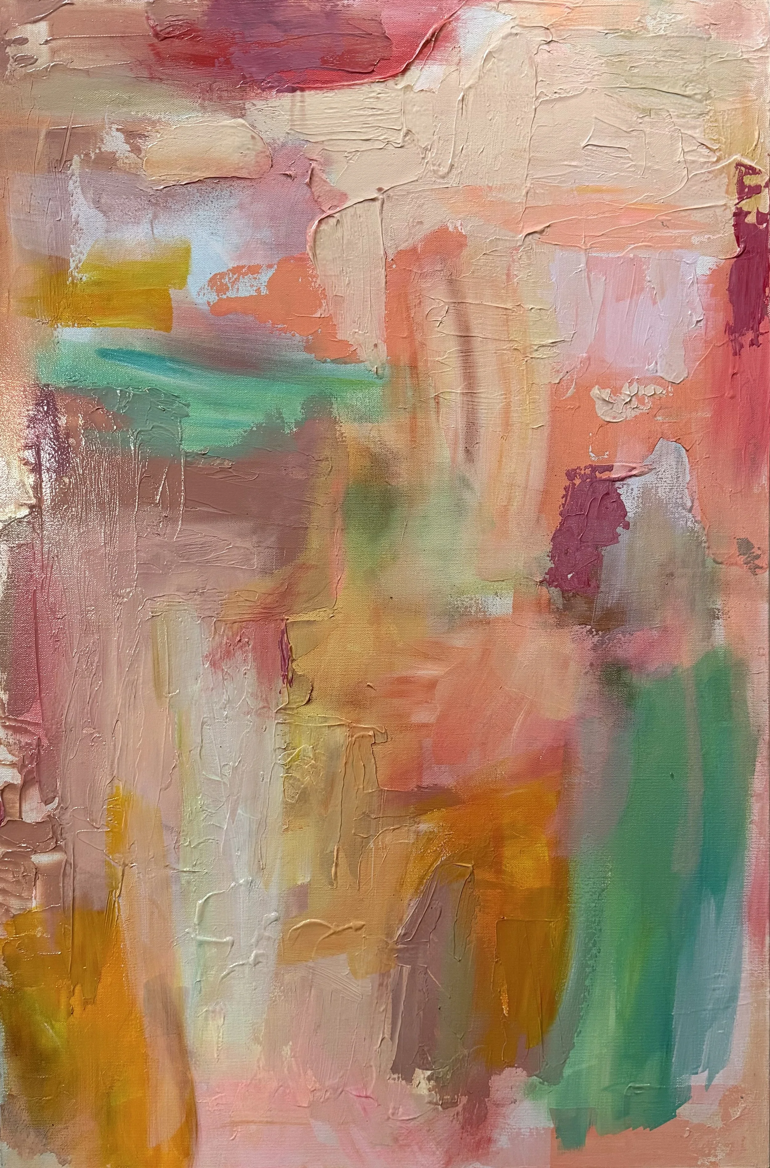 Abstract painting with broad brushstrokes in pink, orange, green, yellow, and purple hues.