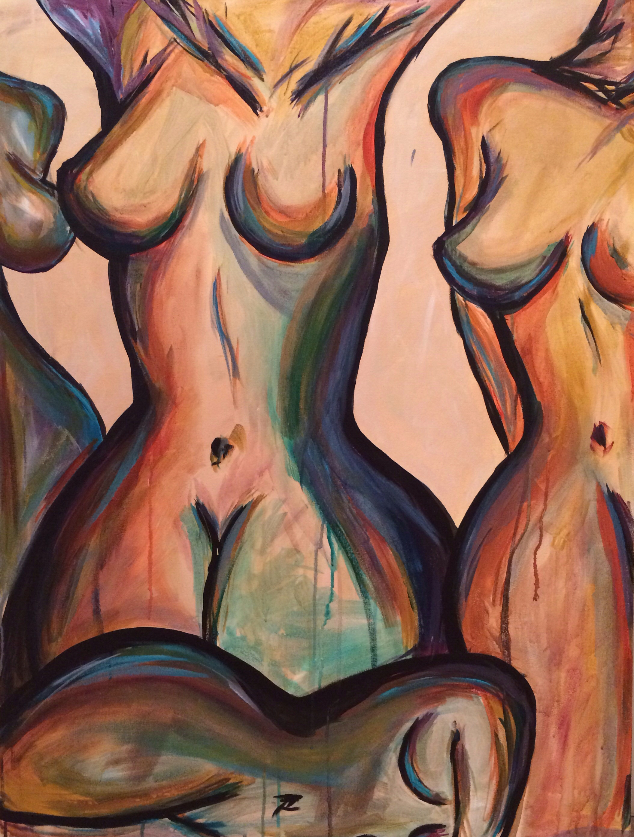 An abstract painting of two female nudes with emphasis on curves and bold colors, featuring stylized outlines and vibrant brushstrokes.