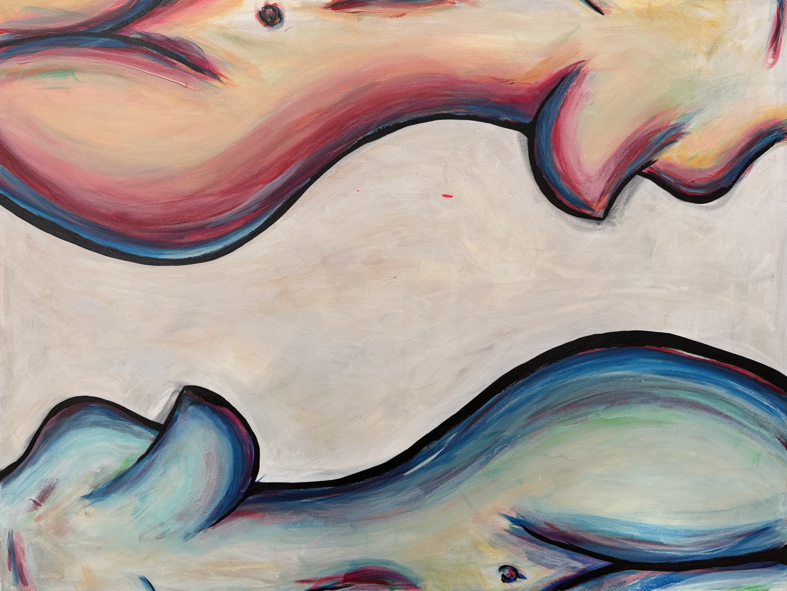 Abstract colorful painting with fluid shapes and bold black outlines.