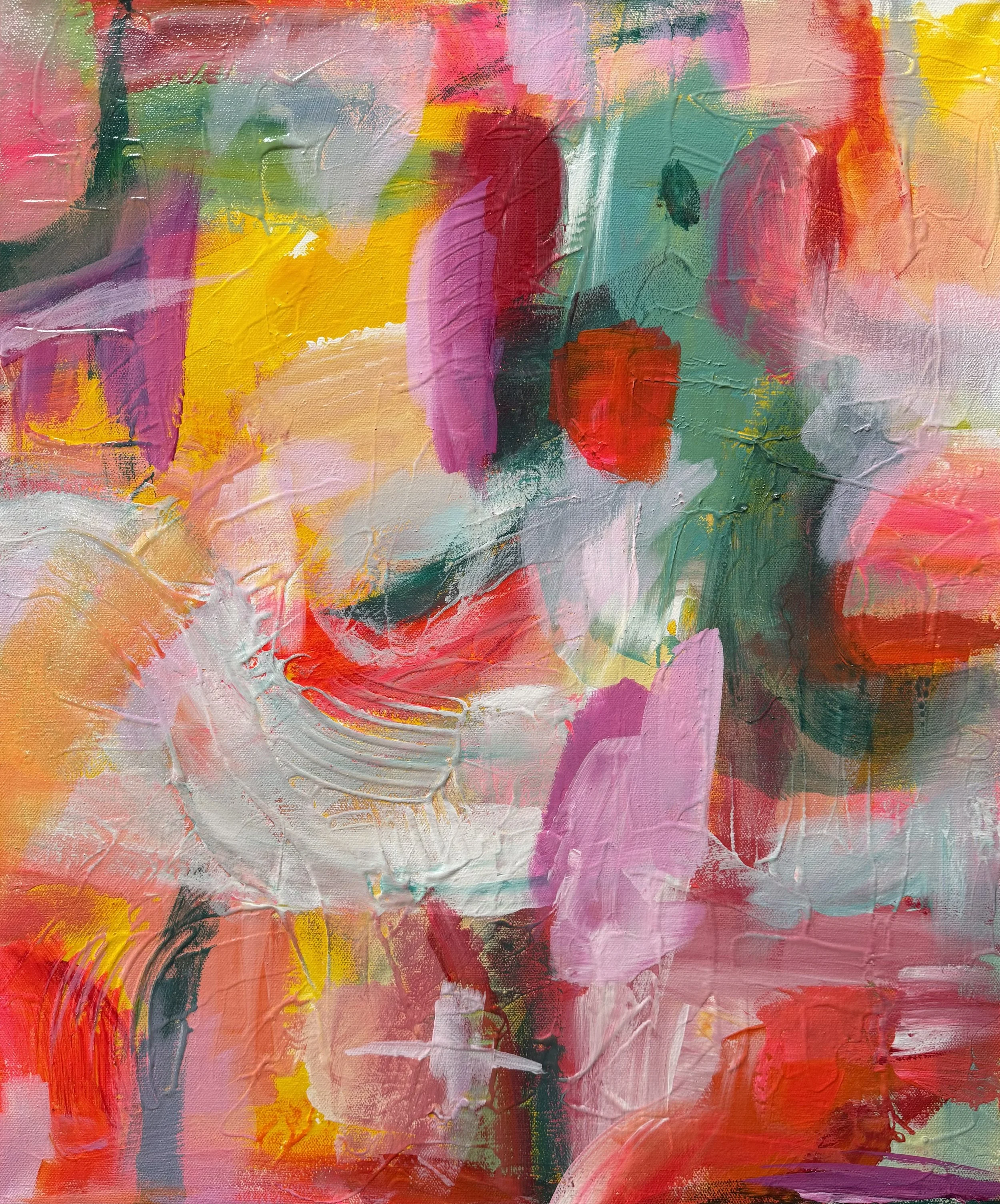 Abstract expressionist painting with bold strokes of pink, red, yellow, green, and white colors.