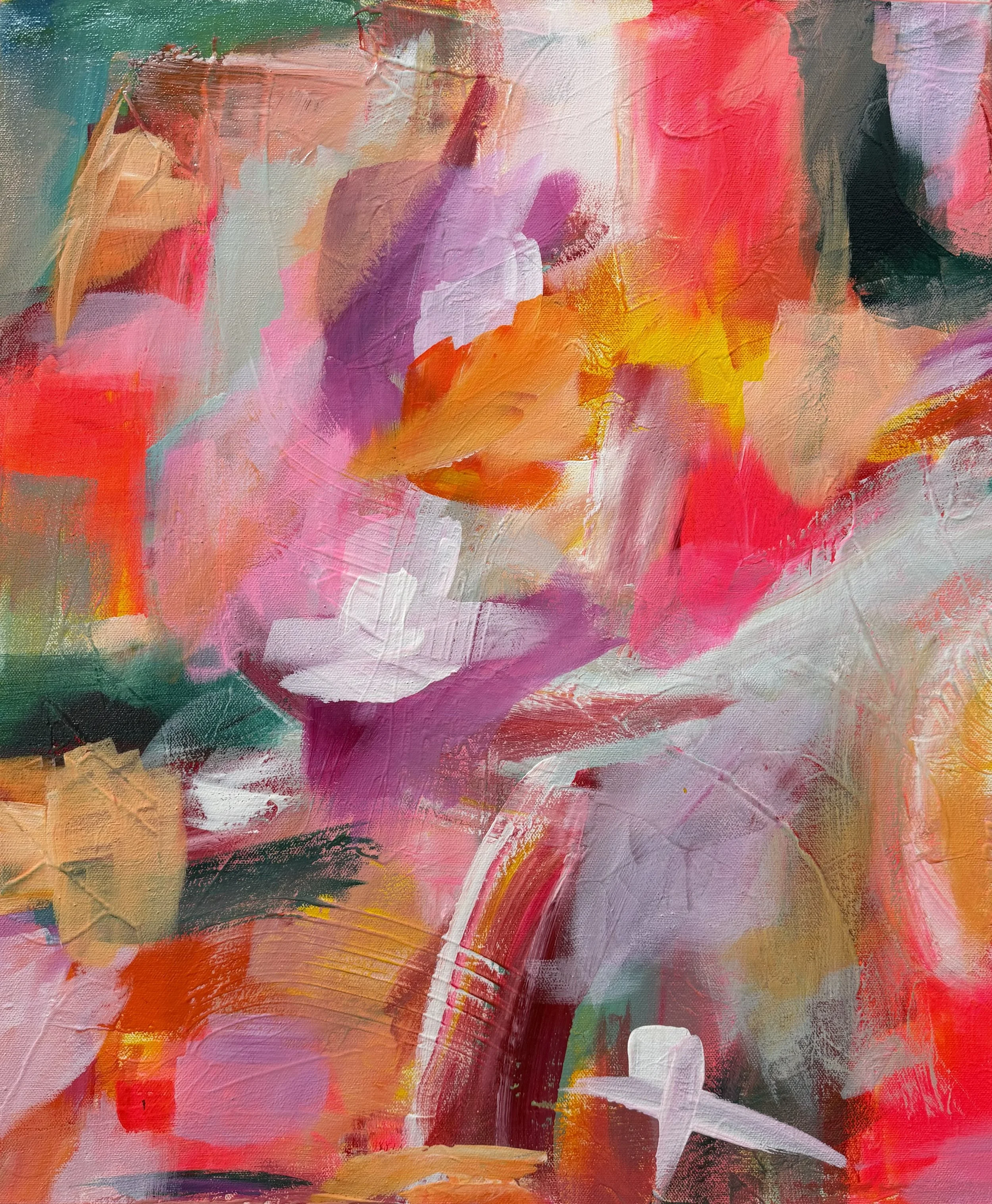 Abstract expressionist painting with vibrant splashes of pink, orange, purple, red, green, and white brushstrokes.