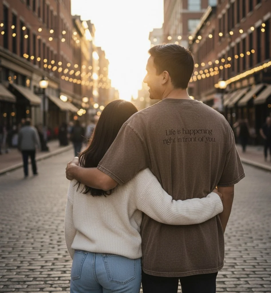 A young couple walking arm in arm on a cobblestone street, with string lights overhead, during sunset. On the back of the brown t-shirt, it says 'Life is happening right in front of you'.