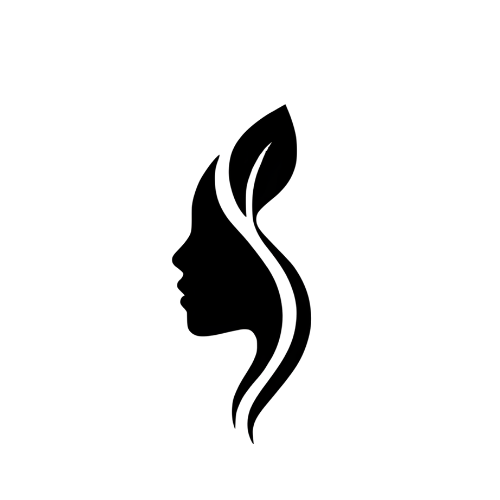 Silhouette of a woman's face in profile with flowing hair design.