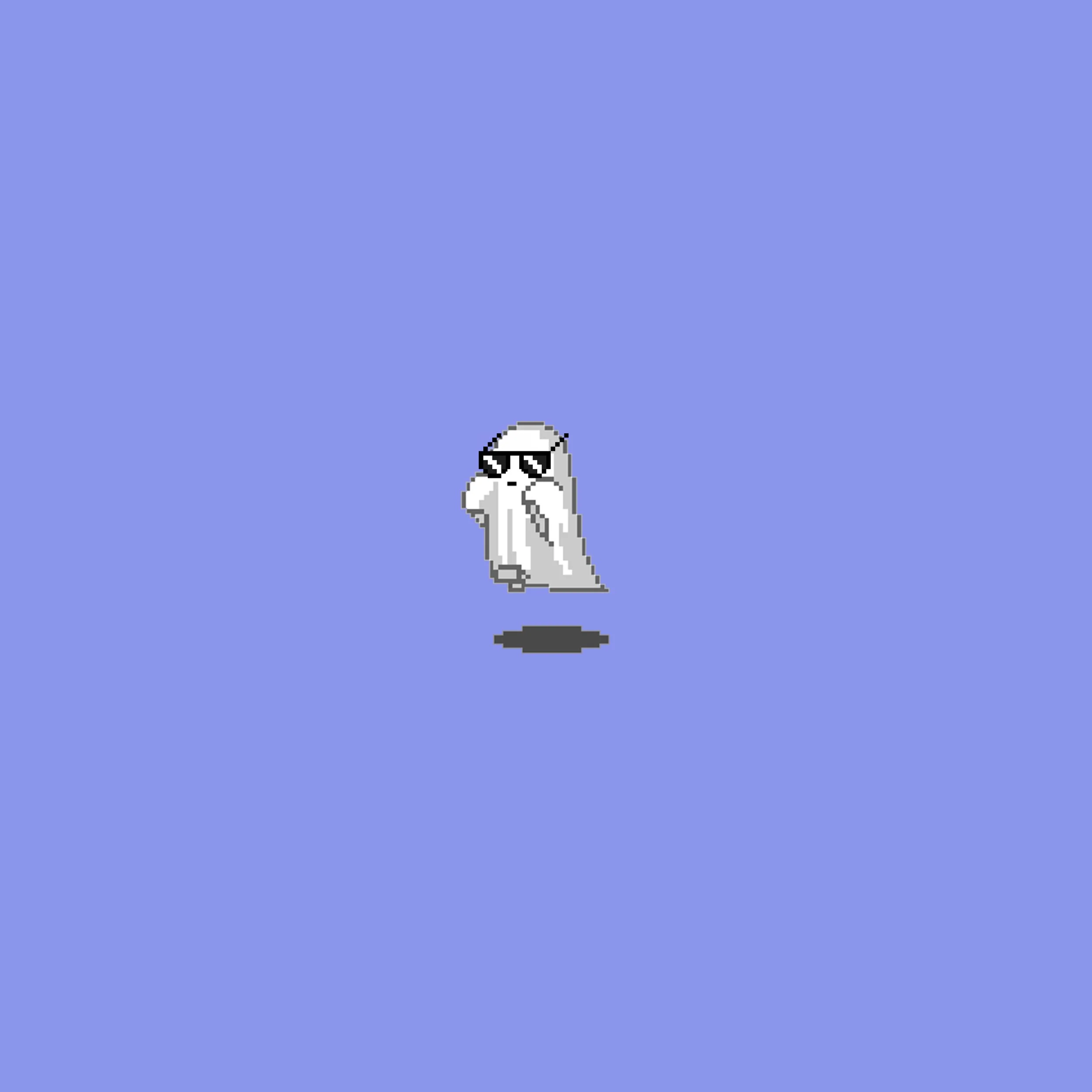 Pixel art ghost wearing sunglasses on a blue background