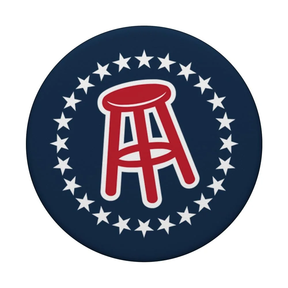A circular logo featuring a red bar stool in the center, surrounded by a ring of white stars on a navy blue background.