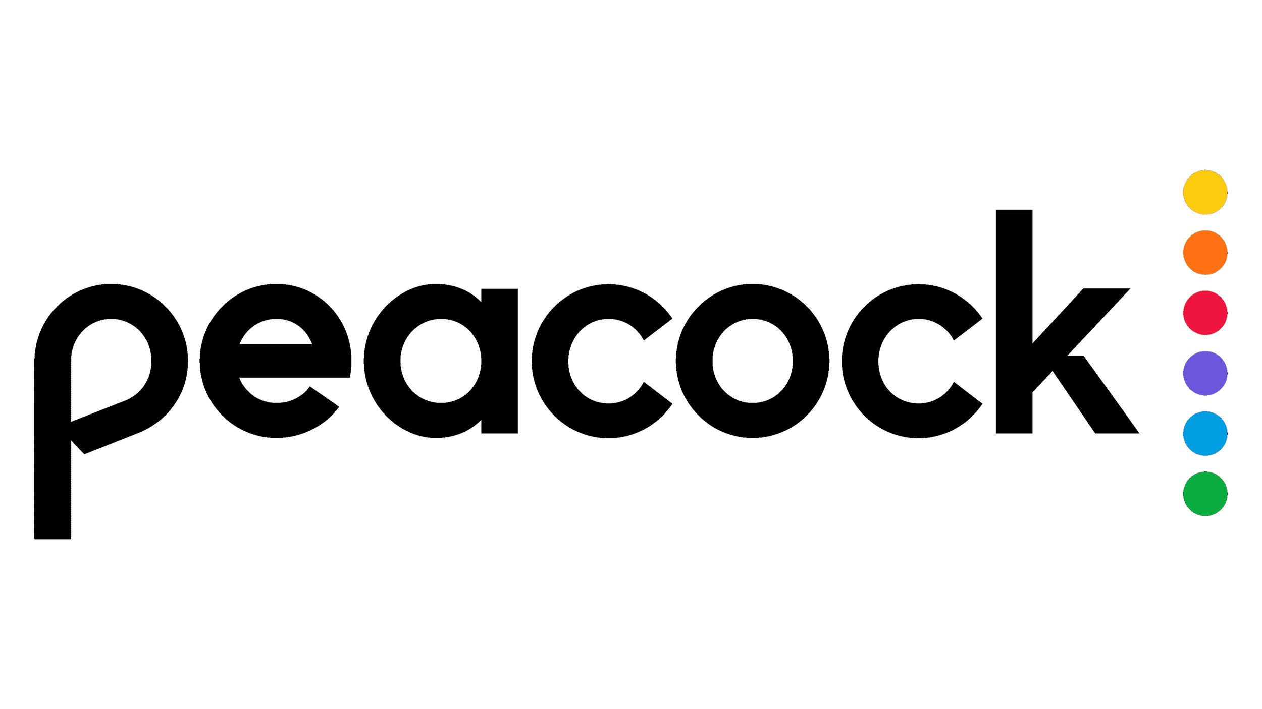 Peacock logo with the word 'peacock' in black outline lettering and a vertical row of colored circles (yellow, orange, red, purple, blue, green) on the right side.