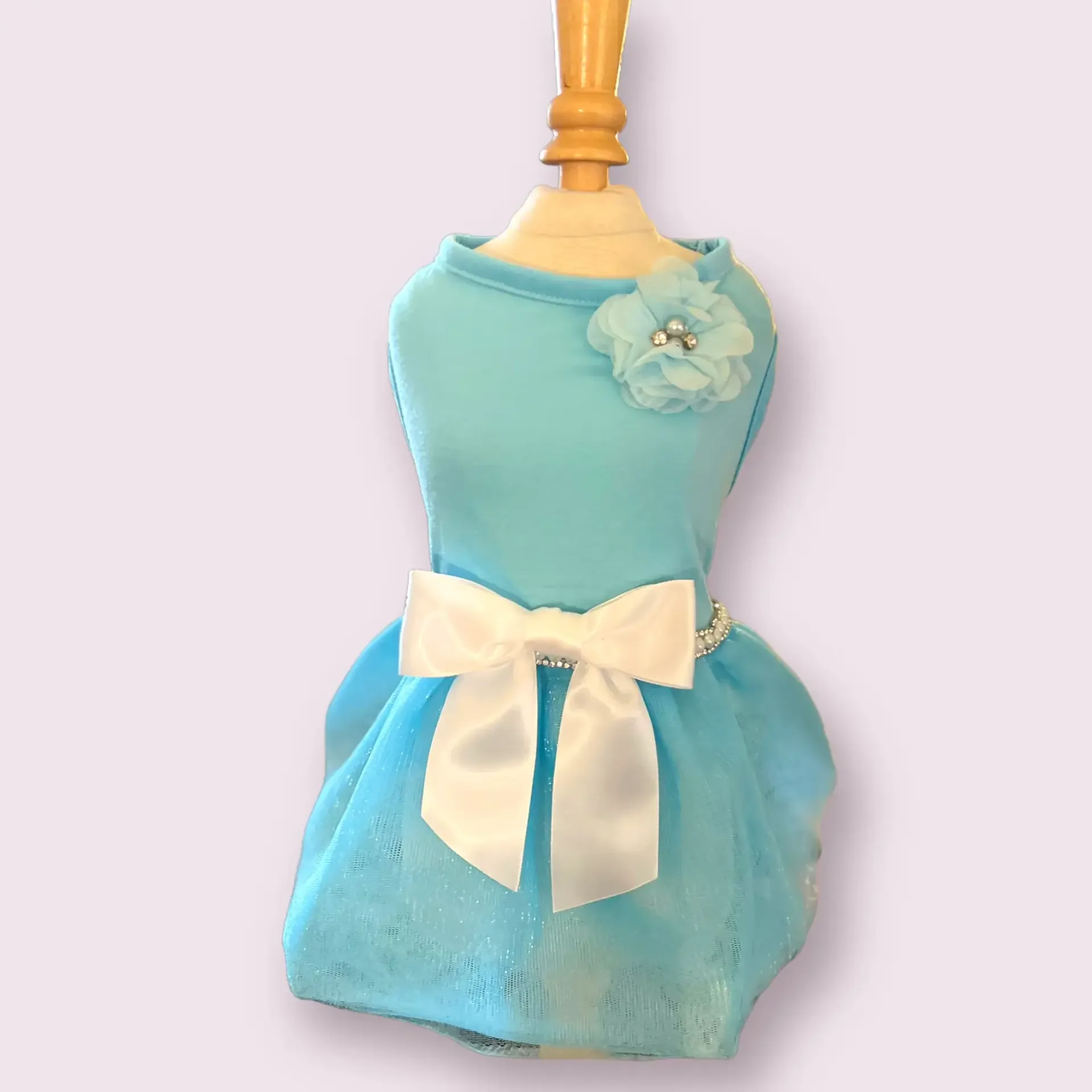 My Spring Fling Dog Dress - Turquoise Ombre Tulle & Pearl Bow Luxury Pet Outfit XS-XL | Bougie Buddy BarkFifthAve2475