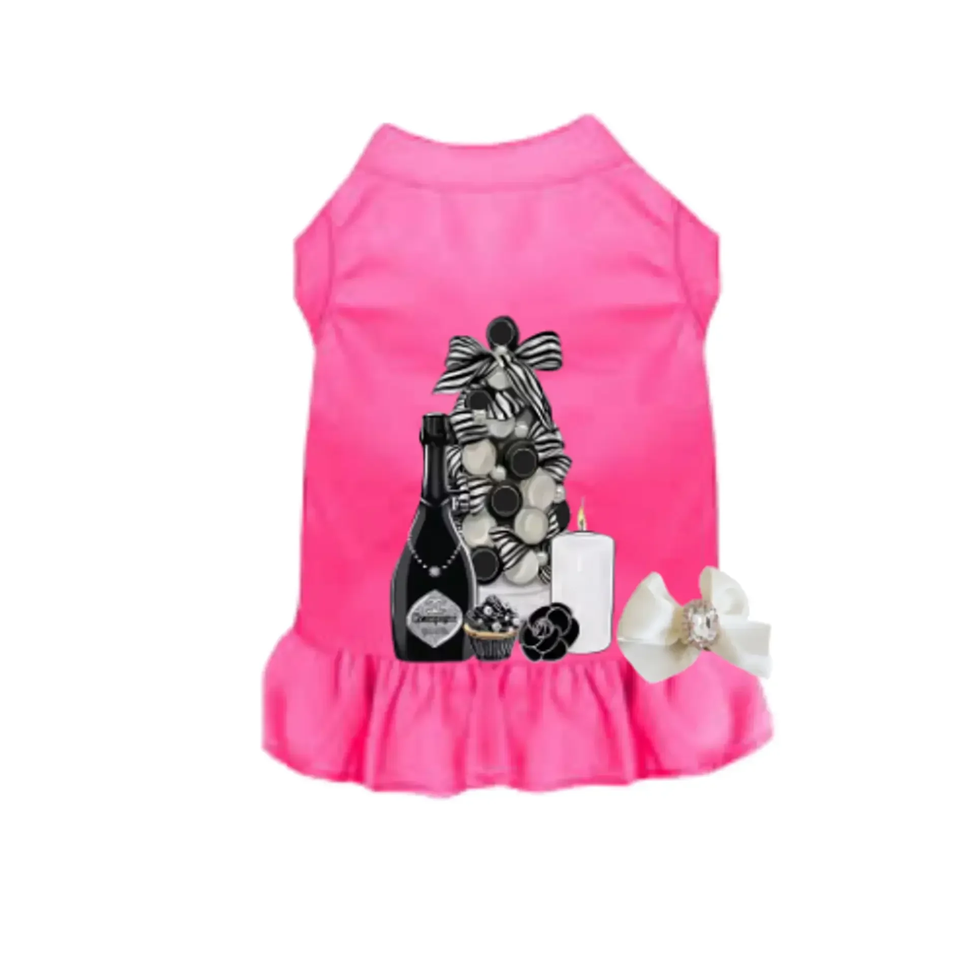 My Favorite Things Under The Tree Dog Dress - Pink Holiday Champagne & Gifts Luxury Pet Outfit | Bougie Buddy BarkFifthAve2291
