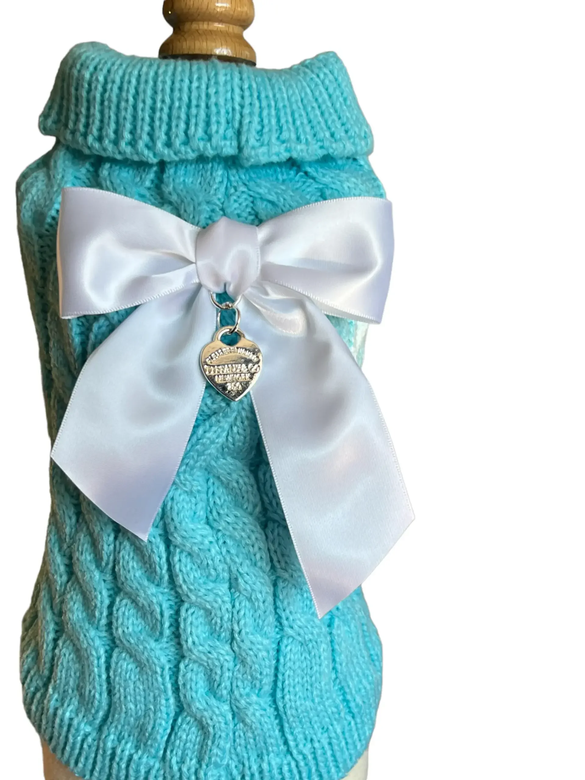 Sniffany Knit Dog Sweater - Blue Cable Turtleneck with Bow & Heart Charm Luxury Pet Top | Bougie Buddy BarkFifthAve3515